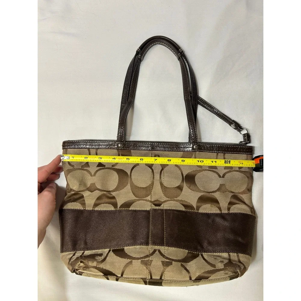 Coach Signature Canvas Tote Brown Tan Leather Trim Shoulder Bag - Picture 10 of 12